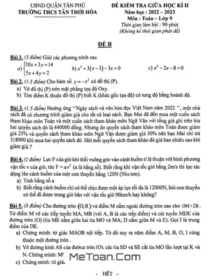Đề thi giữa kì 2 Toán 9 năm 2022 - 2023 trường THCS Tân Thới Hòa - TP HCM