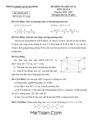 Đề thi học kỳ 2 Toán 8 năm 2018 - 2019 phòng GD&ĐT Ba Đình - Hà Nội