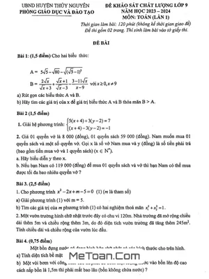 Đề khảo sát Toán 9 lần 1 năm 2023 - 2024 phòng GD&ĐT Thủy Nguyên - Hải Phòng