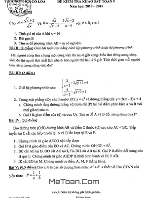 Đề khảo sát Toán 9 năm học 2018 – 2019 trường THCS Cổ Loa – Hà Nội