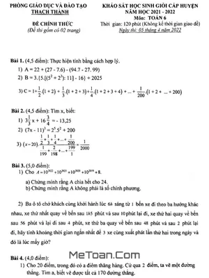 Đề thi HSG Toán 6 năm 2021 - 2022 phòng GD&ĐT Thạch Thành, Thanh Hóa