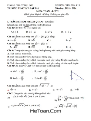 Đề Thi Giữa Kì 1 Toán 9 Năm 2023 - 2024 Trường TH&THCS Đại Tân - Quảng Nam