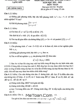 Đề Thi Học Kì 2 Toán 9 Năm 2021 - 2022 Sở GD&ĐT Lạng Sơn