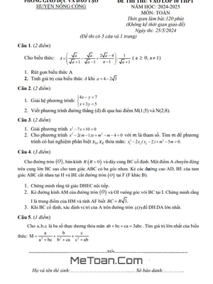 Đề thi thử Toán vào lớp 10 năm 2024 - 2025 phòng GD&ĐT Nông Cống - Thanh Hóa