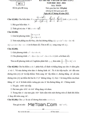 Đề thi thử Toán vào lớp 10 lần 2 năm 2023 – 2024 trường THCS Minh Khai – Hà Nội