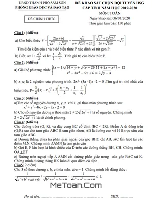 Đề khảo sát đội tuyển HSG Toán 9 năm 2019 - 2020 phòng GD&ĐT Sầm Sơn - Thanh Hóa
