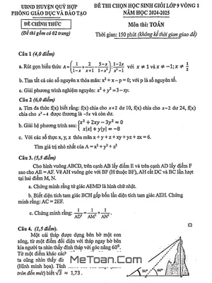 Đề chọn HSG Toán 9 vòng 1 năm học 2024 - 2025 phòng GD&ĐT Quỳ Hợp - Nghệ An