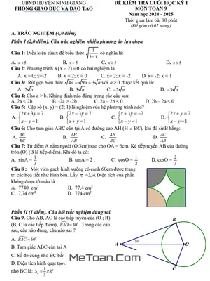 Đề thi cuối kỳ 1 Toán 9 năm 2024 - 2025 phòng GD&ĐT Ninh Giang - Hải Dương