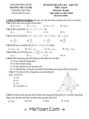 Đề thi giữa học kì 1 Toán 8 năm 2025 – 2026 trường THCS Ái Mộ – Hà Nội có đáp án