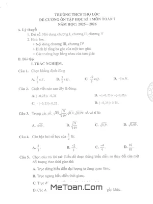 Đề Cương Ôn Tập Cuối Học Kỳ 1 Môn Toán Lớp 7 Năm Học 2025-2026 Trường THCS Thọ Lộc, Hà Nội