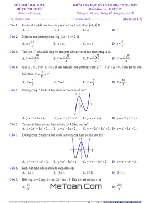 Đề thi học kỳ 1 Toán 12 năm 2018 - 2019 sở GD&ĐT Bạc Liêu (có lời giải)
