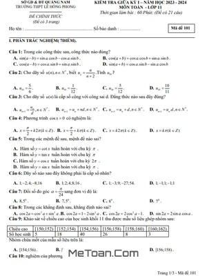 Đề giữa học kì 1 Toán 11 năm 2023 – 2024 trường THPT Lê Hồng Phong – Quảng Nam