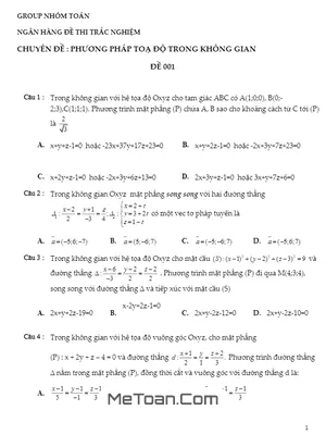 650 Câu Hỏi Trắc Nghiệm Chuyên Đề Phương Pháp Tọa Độ Trong Không Gian - Nhóm Toán