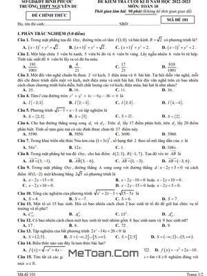 Đề Thi Cuối Kì 2 Toán 10 Năm 2022 - 2023 Trường THPT Nguyễn Du - Bình Phước