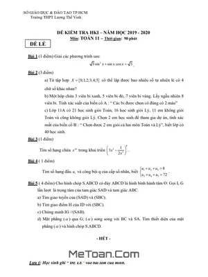 Đề thi HK1 Toán 11 năm 2019 - 2020 trường THPT Lương Thế Vinh - TP HCM