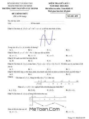 Đề Thi Giữa Kỳ 1 Toán 12 Năm 2022 - 2023 Trường THPT Nguyễn Tất Thành - TP.HCM