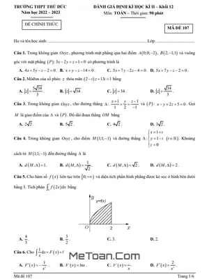 Đề thi học kì 2 Toán 12 năm 2022 - 2023 trường THPT Thủ Đức - TP.HCM