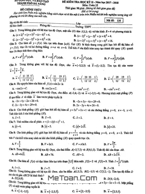 Đề thi học kỳ 2 Toán 12 năm 2017-2018 Sở GD&ĐT Đà Nẵng (Mã đề 135)