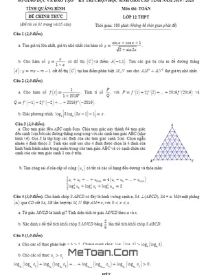 Đề thi HSG Toán 12 THPT cấp tỉnh năm 2019 - 2020 sở GD&ĐT Quảng Bình