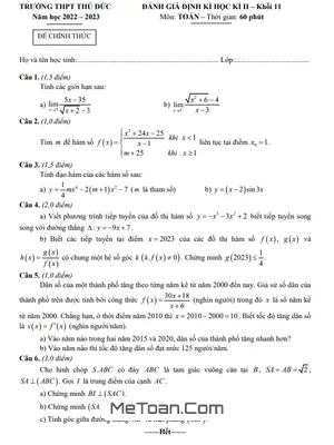 Đề Thi Cuối Học Kì 2 Môn Toán Lớp 11 Năm 2022 - 2023 Trường THPT Thủ Đức - TP HCM
