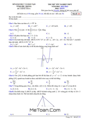 Đề thi thử tốt nghiệp THPT 2023 môn Toán - Sở GD&ĐT Sóc Trăng (Mã đề 234)