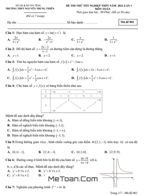 Đề thi thử Toán tốt nghiệp THPT 2021 lần 1 trường Nguyễn Trung Thiên – Hà Tĩnh