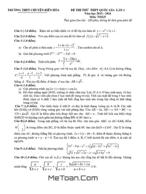 Đề Thi Thử THPT Quốc Gia 2016 Môn Toán - Chuyên Biên Hòa Lần 1