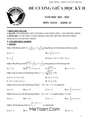 Đề Cương Giữa Học Kỳ 2 Toán 10 Năm 2021 - 2022 Trường THPT Xuân Đỉnh - Hà Nội