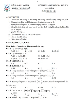 Hướng Dẫn Ôn Tập Học Kì 1 Toán Lớp 6 Năm 2021 - 2022 Trường THCS Giảng Võ - Hà Nội