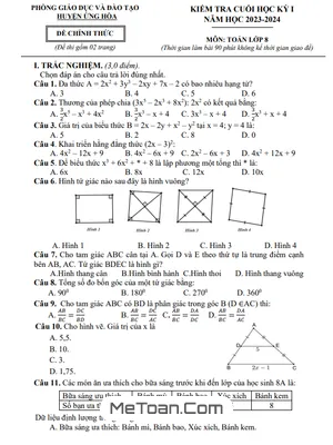 Đề thi học kỳ 1 Toán 8 năm 2023 - 2024 phòng GD&ĐT Ứng Hòa - Hà Nội