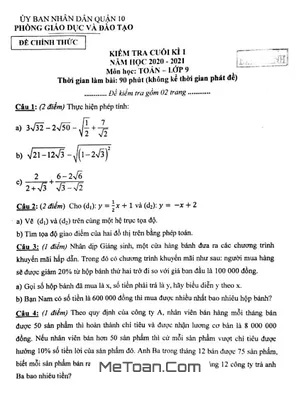 Đề thi học kì 1 môn Toán lớp 9 năm 2020 - 2021 phòng GD&ĐT Quận 10 - TP.HCM