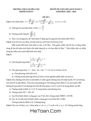 Bộ Đề Ôn Tập Giữa Kì 2 Toán 9 Năm 2022 - 2023 Trường THCS Nghĩa Tân - Hà Nội