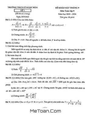 Đề khảo sát Toán 9 tháng 9 năm 2023 - 2024 trường THCS Lê Ngọc Hân - Hà Nội