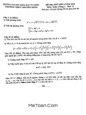 Đề Thi Thử Toán 9 Năm 2018 Trường Chuyên KHTN Hà Nội (Vòng 1 - Đợt 1)