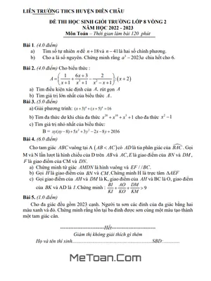 Đề HSG Toán 8 Vòng 2 Năm 2022 - 2023 Liên Trường THCS Huyện Diễn Châu - Nghệ An