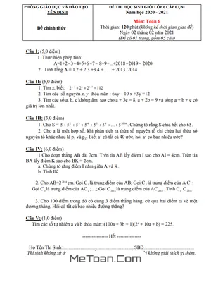 Đề thi học sinh giỏi Toán 6 năm 2020 - 2021 phòng GD&ĐT Yên Định - Thanh Hóa