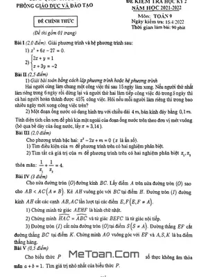 Đề thi học kỳ 2 Toán 9 năm 2021 - 2022 phòng GD&ĐT Ba Đình - Hà Nội