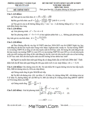 Đề thi thử Toán tuyển sinh lớp 10 năm 2024 - 2025 phòng GD&ĐT Cửa Lò - Nghệ An