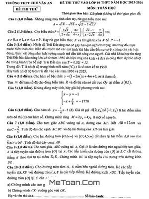 Đề thi thử Toán vào lớp 10 năm 2023 – 2024 trường THPT Chu Văn An – Thái Nguyên