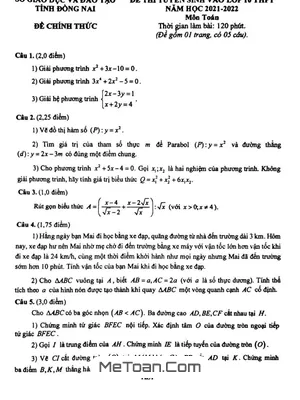 Đề thi tuyển sinh lớp 10 môn Toán năm 2021 - 2022 Sở GD&ĐT Đồng Nai