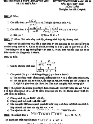 Đề thi thử Toán tuyển sinh lớp 10 năm 2018 - 2019 trường Lương Thế Vinh - Hà Nội