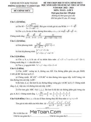 Đề chọn HSG Toán 9 năm 2022 - 2023 phòng GD&ĐT Kim Thành, Hải Dương
