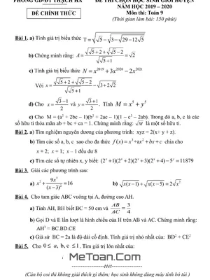 Đề thi HSG huyện Toán 9 năm 2019 - 2020 phòng GD&ĐT Thạch Hà - Hà Tĩnh