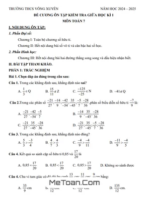 Đề cương ôn tập giữa kì 1 Toán 7 năm học 2024 - 2025 trường THCS Võng Xuyên - Hà Nội
