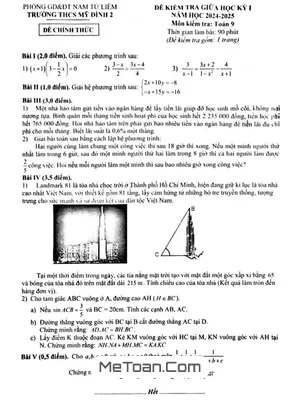 Đề thi giữa kỳ 1 Toán 9 năm 2024 - 2025 trường THCS Mỹ Đình 2 - Hà Nội