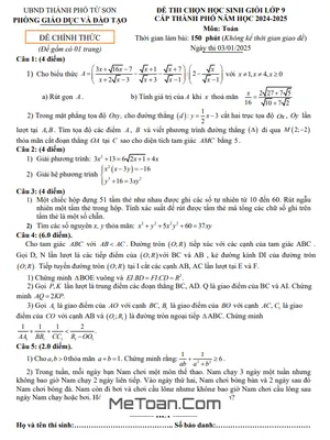Đề chọn học sinh giỏi Toán 9 năm 2024 - 2025 phòng GD&ĐT Từ Sơn - Bắc Ninh
