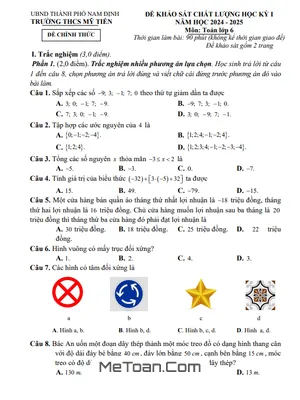 Đề thi học kỳ 1 Toán lớp 6 năm 2024 - 2025 trường THCS Mỹ Tiến - Nam Định