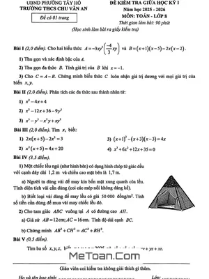 Đề thi giữa học kỳ 1 Toán 8 năm 2025 – 2026 trường THCS Chu Văn An – Hà Nội