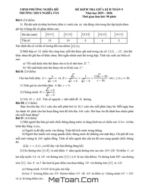 Đề giữa kì 2 Toán 9 năm 2025 – 2026 trường THCS Nghĩa Tân – Hà Nội