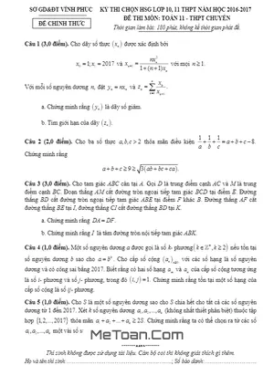 Đề Thi Chọn Học Sinh Giỏi Toán 11 Năm Học 2016 - 2017 Sở GD&ĐT Vĩnh Phúc